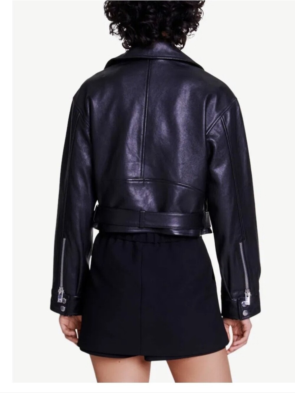 New Maje Besley Black Leather Biker Moto Jacket, Cropped Belted, FR 40/US 8 - Picture 5 of 15
